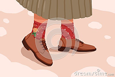 Woman in brown trendy oxford, brogue or derby shoes and cute socks. Female legs in stylish comfortable elegant leather Vector Illustration