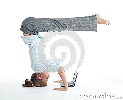 Woman browsing in unusual pose Stock Photo