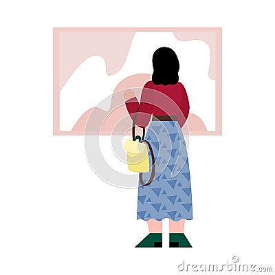 Woman brunette stands looking at picture, flat vector illustration isolated. Cartoon Illustration