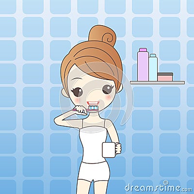 Woman brush teeth in bathroom Vector Illustration