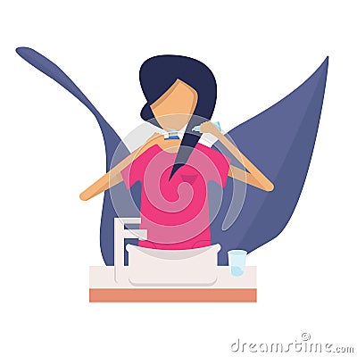 Woman brushes her teeth over the washbasin, holds a toothpaste and toothbrush in her hands, illustration Vector Illustration