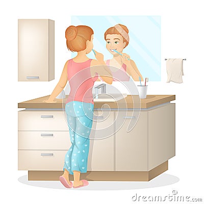 Woman brushes teeth. Vector Illustration