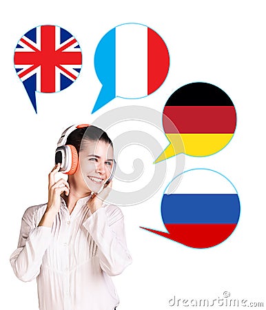 Woman and bubbles with countries flags. Stock Photo