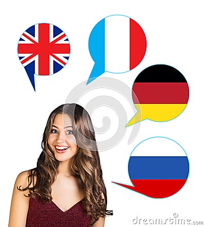 Woman and bubbles with countries flags. Stock Photo