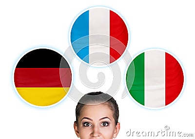 Woman and bubbles with countries flags. Stock Photo