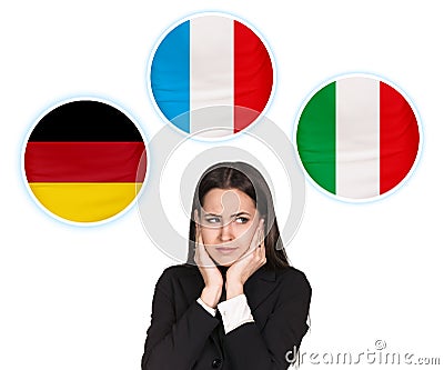 Woman and bubbles with countries flags. Stock Photo