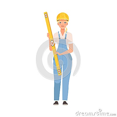 Woman builder in blue overalls and a white shirt is holding a long yellow ruler with a level. Vector Illustration