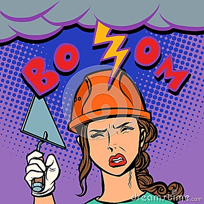Woman builder lightning beats on the head Vector Illustration