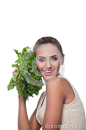 Woman with bundle herbs (salat) Stock Photo