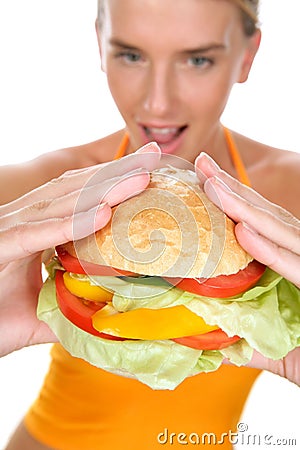 Woman with burger Stock Photo