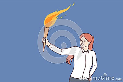 Woman with burning torch lights way in dark for concept of finding solution in difficult situation. Vector Illustration