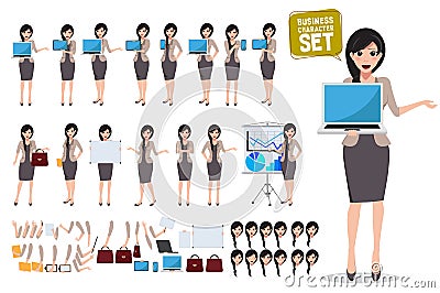 Woman business character vector set. Female office person holding laptop Vector Illustration