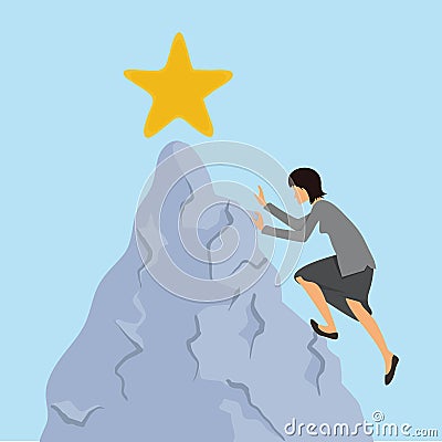 Woman in business clothes climbs on the rock to the mountain top. Reaching the goal concept, vector illustration. Vector Illustration