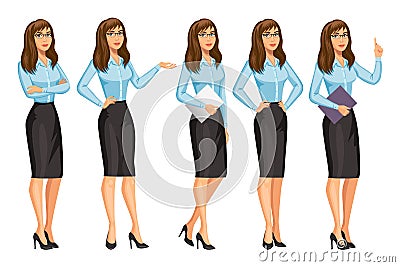 Woman in business style with glasses. Girl in different poses Vector Illustration