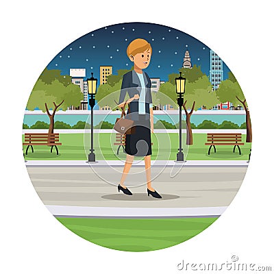 woman business walk park view night Cartoon Illustration