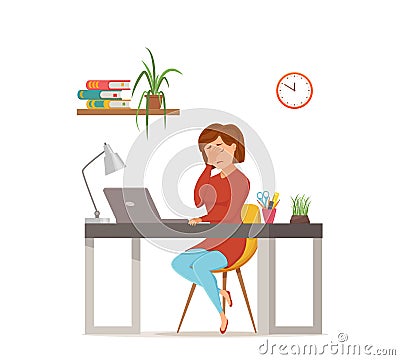 Woman busy tired working on computer colorful vector concept. Vector Illustration