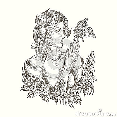 Woman and butterfly handdrawn vector illustration Cartoon Illustration