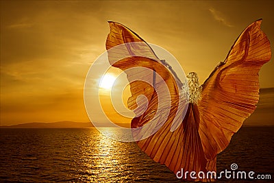 Butterfly Woman Wings Transform, flying on fantasy sunset Stock Photo