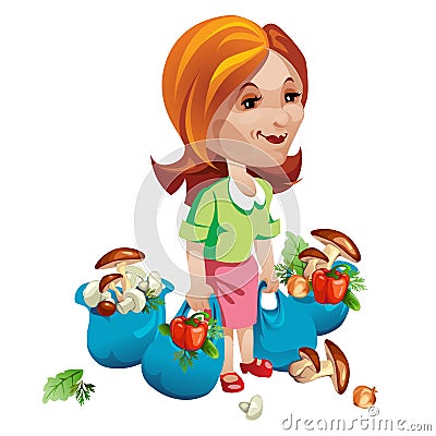Woman buyer with vegetables and mushrooms. Vector Vector Illustration
