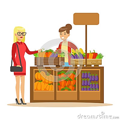 Woman Buying Fresh Vegetables From Farmer Working At The Farm And Selling On Natural Organic Product Market Vector Illustration