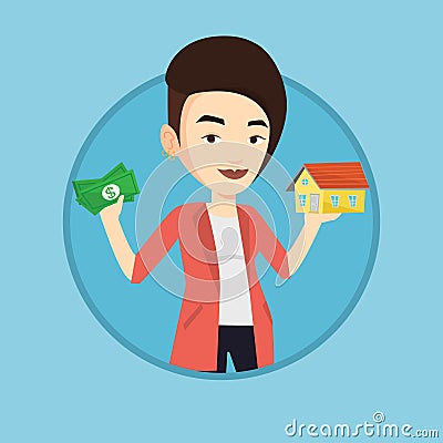 Woman buying house thanks to loan. Vector Illustration