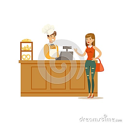 Woman Buying Pastry From The Baker In The Bakery Shop Ordering At The Counter Vector Illustration Vector Illustration