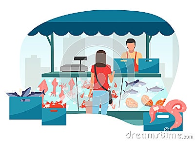 Woman buying seafood at street market stall flat illustration. Fresh sea food in ice trade tent, fish counter. Fair, summer market Vector Illustration