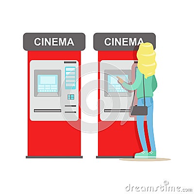 Woman Buying Tickets In Cinema Automatic Vending Machine, Part Of Happy People In Movie Theatre Series Vector Illustration