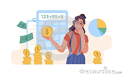 Woman calculator counting, thinking about profit Vector Illustration