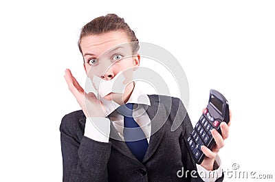 Woman with calculator in fraud concept Stock Photo