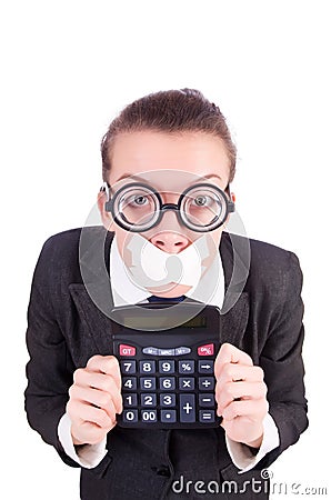 Woman with calculator in fraud concept isolated Stock Photo
