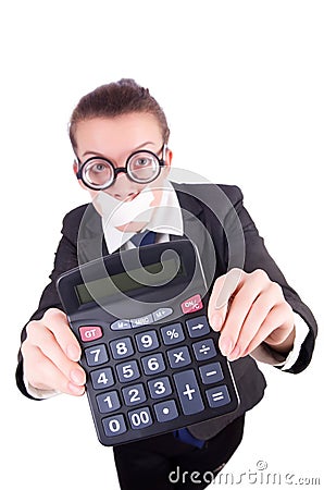 Woman with calculator in fraud concept isolated Stock Photo