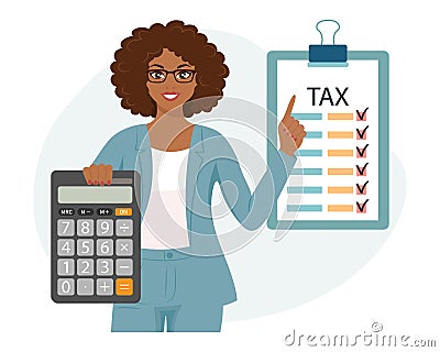 Woman with calculator and tax form. Tax payment concept. Financial tax accounting, audit or accounting services. Vector Illustration