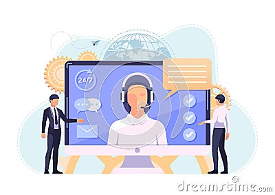 Woman Call Center Operator with Headsets Inside PC Monitor Vector Illustration