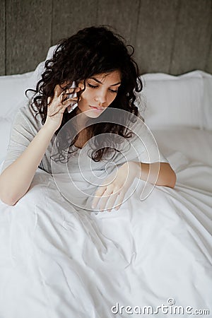 Woman call in sick Stock Photo