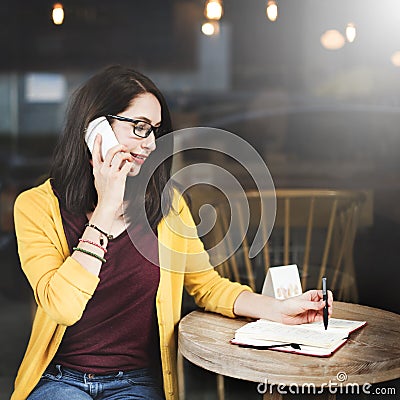 Woman Calling Smart Phone Writing Concept Stock Photo