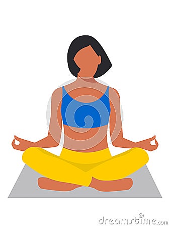 A woman sits cross legged and meditates. A young athletic girl with short black hair is engaged in physical and mental health. Vector Illustration