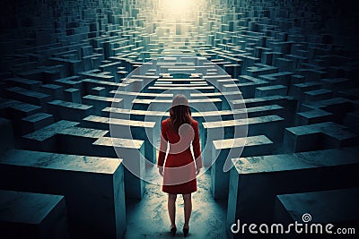 A woman can't decide which entrance to choose in the dark maze. Lost. Standing in the dark maze strategically navigates an Stock Photo