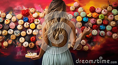woman with candy, pretty young woman eating sweet candy on abstract colored background, sweet background Stock Photo
