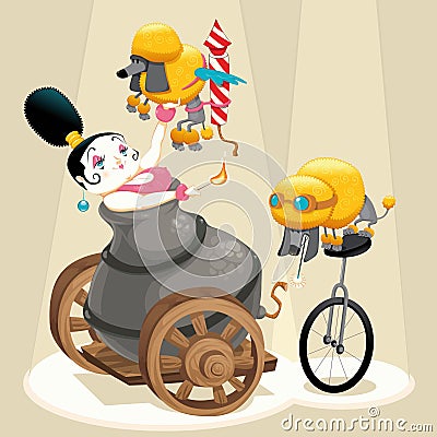 Woman with cannon and dachshunds in the circus Vector Illustration