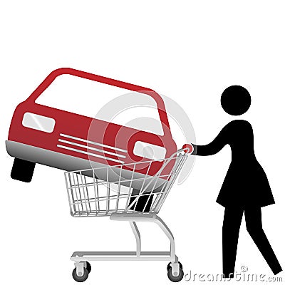 Woman car shopper buying auto inside shopping cart Vector Illustration