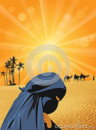 Arabian woman and camel caravan on sahara desert, vector illustration Vector Illustration