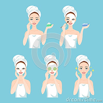 Woman cares her face and skin. Facial treatment procedures. Vector Illustration