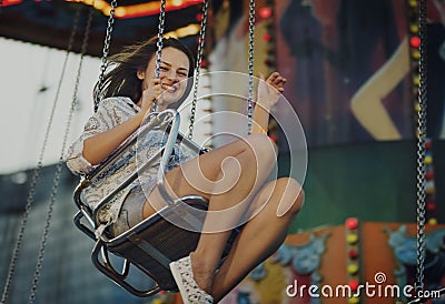 Woman Carnival Ride Riding Happiness Fun Concept Stock Photo