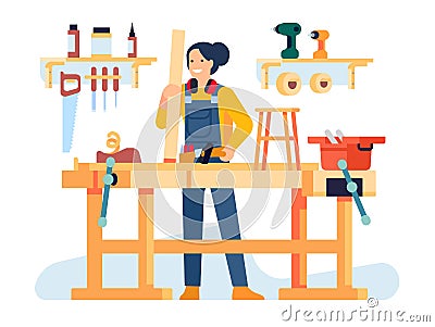 Woman carpenter works in workshop. Female making furniture. Joiner with construction equipment. Industrial instruments Vector Illustration