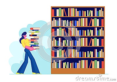 Woman Carry Big Heap of Book to Bookshelf in Public or Home Library Student Spend Time in Athenaeum or Archive Room with Bookcase Vector Illustration