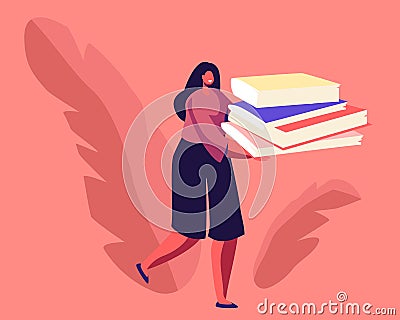 Woman Carry Huge Pile of Paper Documents or Wastepaper to Throw Garbage to Recycle Litter Bin. Environmental Protection Vector Illustration