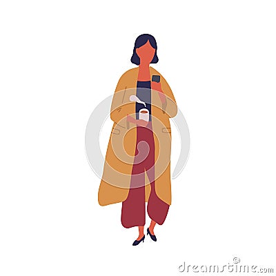 Woman carrying cup of hot coffee using smartphone vector flat illustration. Colorful female drink tea chatting on mobile Vector Illustration