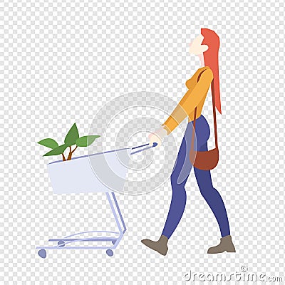 Woman Is Carrying A Grocery Cart Transparent Background Vector Illustration