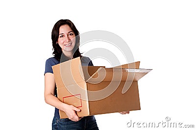 Woman carrying open moving storage box Stock Photo